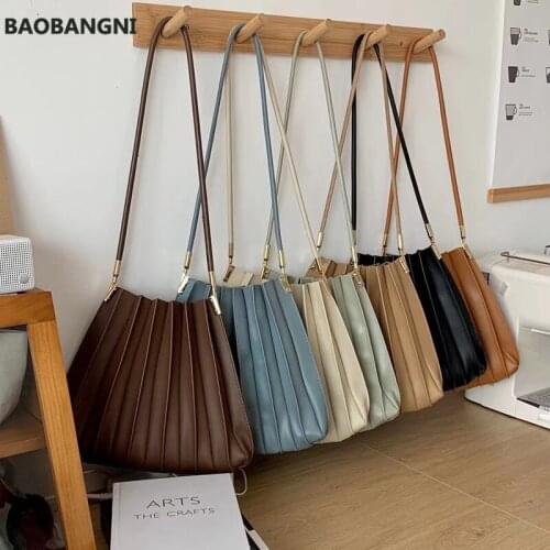 Pleated Women Bags PU Leather Ladies Shoulder Bag Plicated Flap Bag Japan Bucket Handbag Drape Female Set Bags