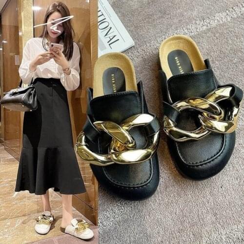 Sandals Brand Designed Womens Slippers Fashion Big Gold Chain Sandals Shoes Mul Round Toe Slippers Flat Heel Casual Slippers