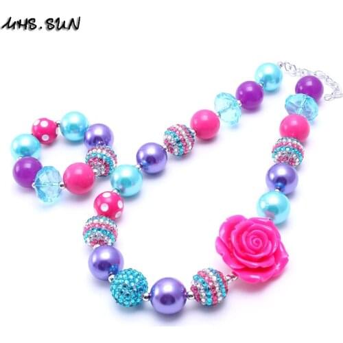 MHS.SUN Child/Kids/Girls Flower Chunky Beads Necklace Bracelets Set Cute Design Bubblegum Jewelry Set Party Gifts For Baby