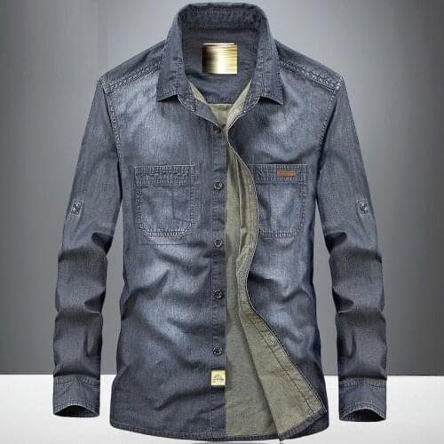 Spring Fall Casual Mens Full Sleeve 100% Cotton Shirt , Male Blouse , 3XL Bleached Denim Shirts For Man , Men Cardigan Blouse