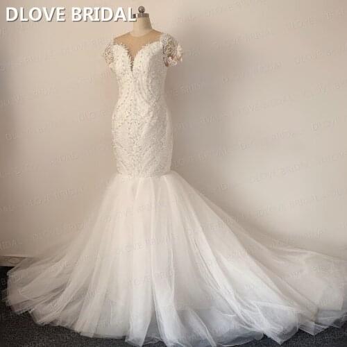High Quality Beaded Lace Wedding Gown Mermaid Short Slevve Bridal Dresses Factory Custom Made Dress