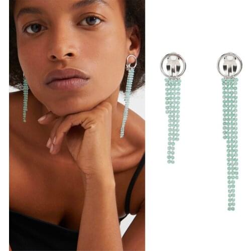 21 new green protein rhinestone asymmetric long ear clip female earrings without pierced ears