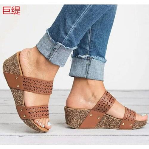 Women sandals PU Slip On 3-5CM Wedges High Heels Round Toe waterproof Shallow women shoes sandalias mujer 2020 size 35-42 black