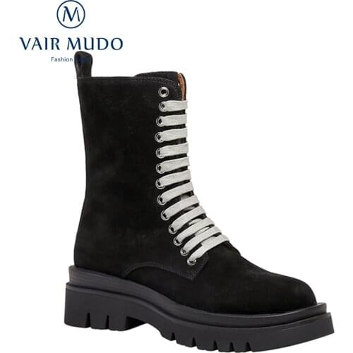 VAIR MUDO Women Ankle Boots Shoes Lace Up Black Thick Bottom Solid Round Toe Elegant Platform Shoes Female Black Brown WM-X14