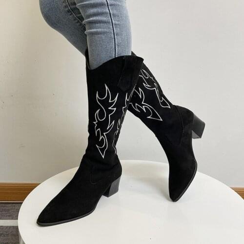 2021 New Ethnic Style Winter Mid-heel Square Heel Pointed Back Zipper Suede Womens Mid-tube Boots