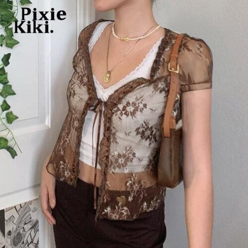 PixieKiki Fairy Grunge Mesh Lace Transparent Tshirts Y2k Clothes V Neck Short Sleeve Crop Top Women Cardigan Brown Black P77BE10
