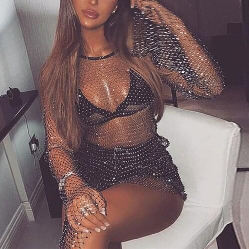 Sexy club Long Sleeve Dress Rhinestones Fishnet Mini diamond Dress Women Mesh Hollow Out Summer Beach Dresses Party Club wear