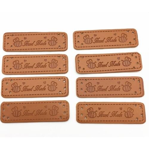 100pcs 50x15mm Handmade With Bees Pattern PU Leather Garment Labels Embossed Rectangle Tag DIY Jeans Jacket Sewing Patch