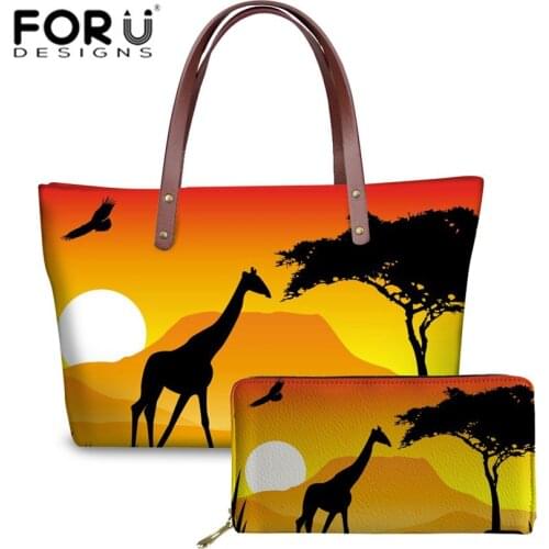 FORUDESIGNS 2pcs/set Handbags&Purse for Women African Animal Elephant Sunset Printed Travel Top-Handle Bags Bolsa Feminina 2019