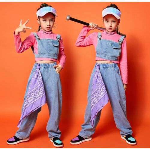 2020 Jazz Dance Performance Clothes For Girls Strap Jeans Hiphop Suit Hip Hop Modern Dance Clothes Stage Outfits Kids SL4229