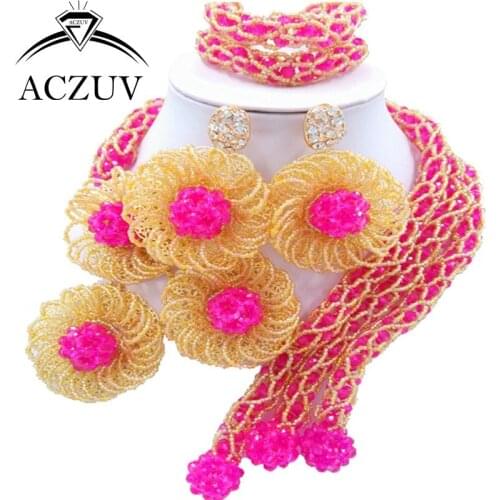 ACZUV Latest African Jewelry Set 2017 Nigerian Wedding Beads Hot Pink Gold Crystal Necklace and Earrings C3F009
