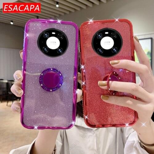Diamond Glitter Ring Stand Holder Phone Case For Huawei Mate 40 Pro P40 lite E Soft Silicone Shockproof Cover For Huawei Y7P Y6P
