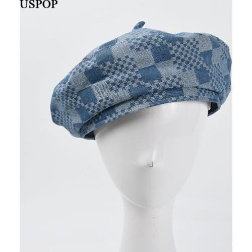USPOP 2021 New Denim Berets Women Vintage Plaid Beret Hat