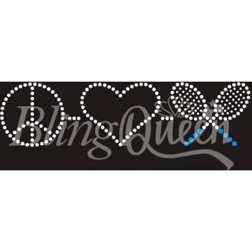 BlingQueen 25PCS/LOT Iron On Rhinestone Transfers Peace Love Tennis Design