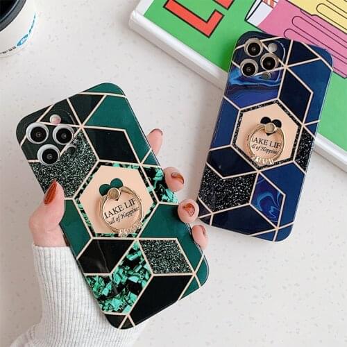 Finger Ring For iPhone 12 Case 11 Pro Max 12 Mini XR XS X 7 8 Plus SE Soft IMD Geometric Marble Love Heart Phone Back Cover