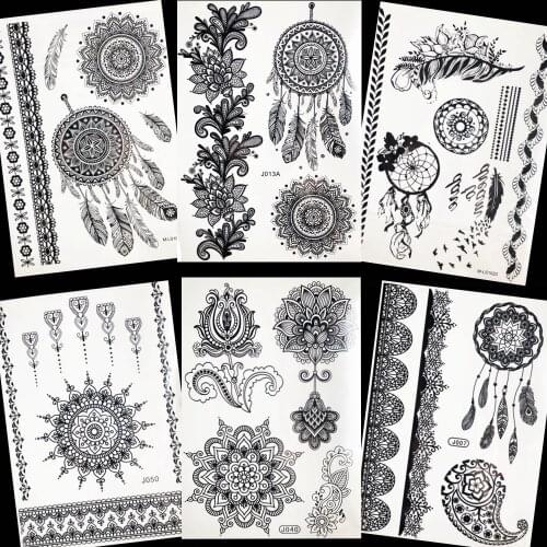 Black Temporary Tattoo Women Arm Stickers Bracelet Dreamcatcher Fake Lace Tatto Henna Flower Waterproof Tattoo Fashion DIY Paste