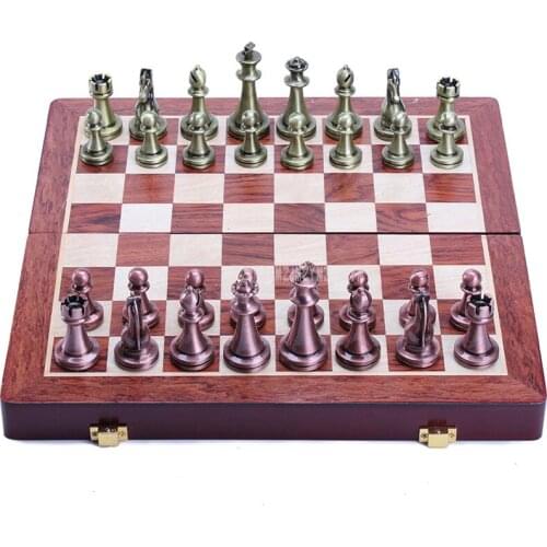 Wooden International Chess Set Metal Alloy Chess Pieces Set Portable Foldable Board Funny Educational Game Chessmen Chessboard