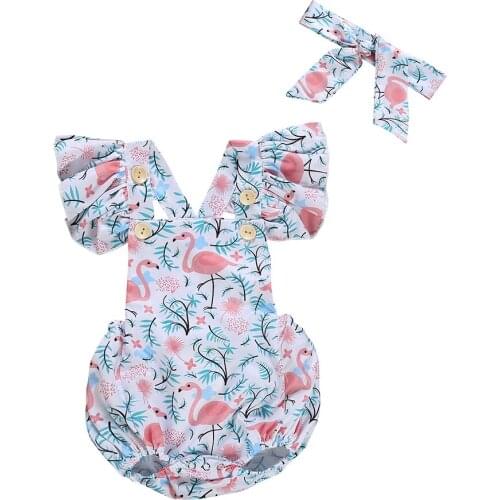 Baby Romper Summer Newborn Baby Girl Flamingo Fly Sleeve Romper + Headband 2pcs Outfits Clothes New