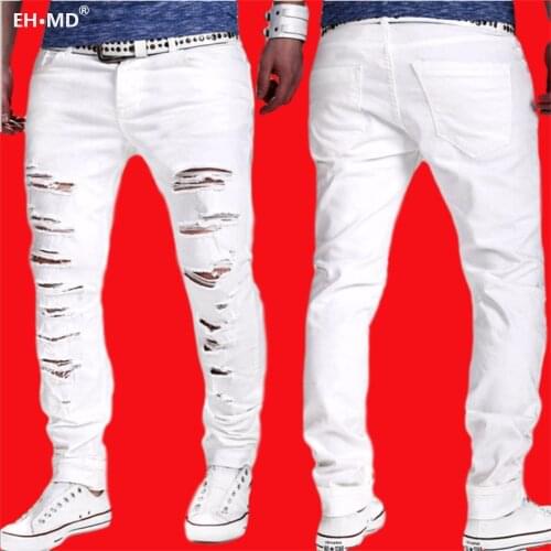 EH · MD® White Hole Scratch Jeans Mens Cotton High Street Urban Stretch Black Pants Slim Breathable Thin Foot Comfortable 2020