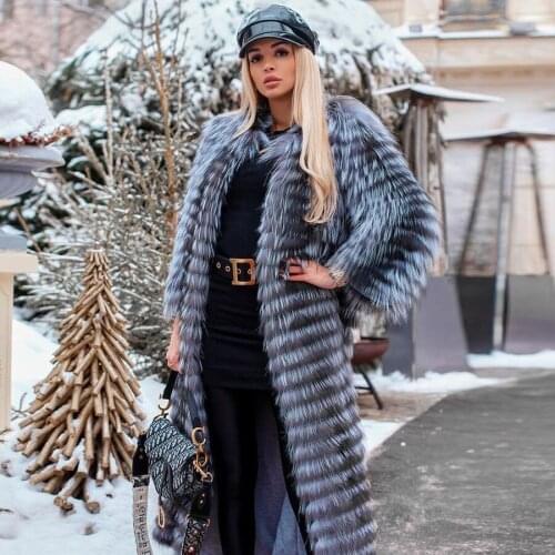 Custom Women Coat Real Silver Fox Fur Jacket 2021 New Winter Fashion Long Warm Fur Overcoat Plus Size Coat