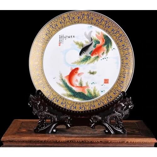 Jingdezhen Ceramic Golden Big Plate Porcelain Decorative Plate Diameter 35cm Metope For Living Room Hotel