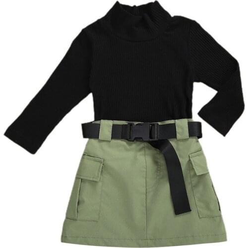 Kids Baby Girls Autumn Clothes Set Fashion Long Sleeve Half High Collar Sweaters Tops Army Green Skirt with Belt Pocket 1-6Y