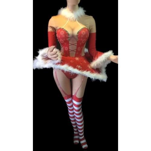 Red Long Sleeves Female Skinny Jumpsuits Party Fashion Women Dance Stage Costumes Womens Sexy Rhinestone Performance Clothing