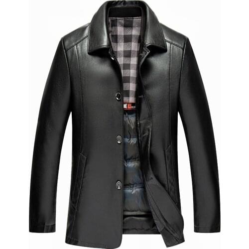 Winter thickened mens white duck down Lapel middle-aged and elderly leather jacket