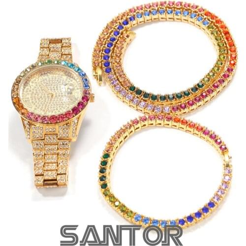 Santor Mens Luxury Iced Out Watch Diamond Stainless Steel Watch Bracelet Necklace Chain for Men Hip Hop