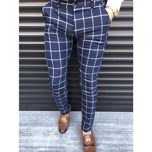 Suit Pants Mens Plaid Blue Business Dress Pants Fashion Spots Men Clothing Male Sweatpants Navy Blue Gray Office Joggers Pants