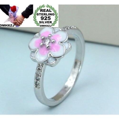 OMHXZJ Wholesale European Fashion Woman Girl Party Wedding Gift White Pink Flower 925 Sterling Silver Ring RR88