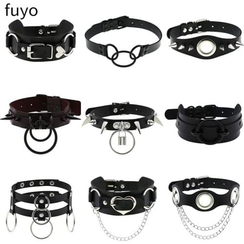 Harajuku Collar Heart Choker Necklace PU Leather Choker Punk Goth Handmade Leather Lock Neck Necklaces Pendant Chains Jewelry