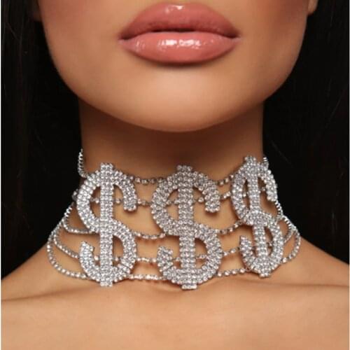 Luxury Choker $$$ RICH Crystal Choker Necklace For Women Rhinestone Choker Letter Necklace Statement Collar Jewelry