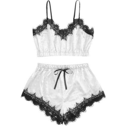 Sexy Women Lace Patchwork Elastic Sleepwear Set Adjustable Straps Bra Shorts