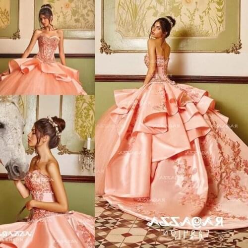 Peach Beaded Ball Gown Quinceanera Dresses Sweetheart Neck Appliqued Sweet 16 Dress Satin Sweep Train Sequined Masquerade Gowns