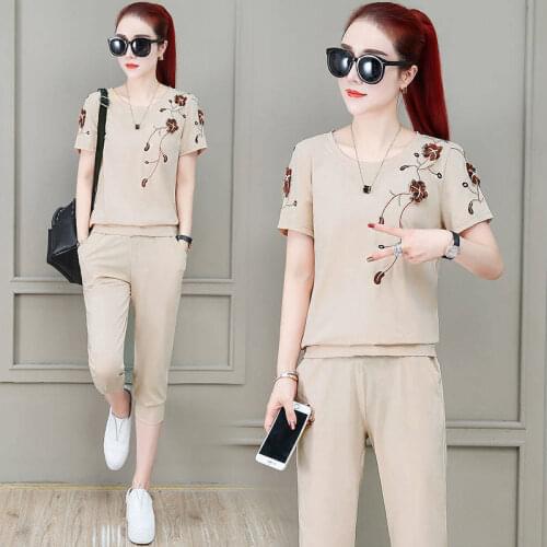 Pring and Summer 2021 New Fashion Running Two Piece Set Short Sleeved Embroidery 2piece Set Women Clothes Blue Apricot Gray