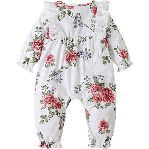 New Spring Baby Ins Baby Romper Girls Sweet Floral White Long-sleeved Romper, Hollow Ruffled Long-sleeved Romper 86cm