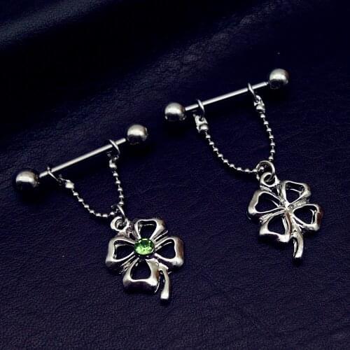 Christmas 2019 Newest 1 Pair Clover Nipple Rings Bars 14G 316L Surgical Steel With Green Rhinestone