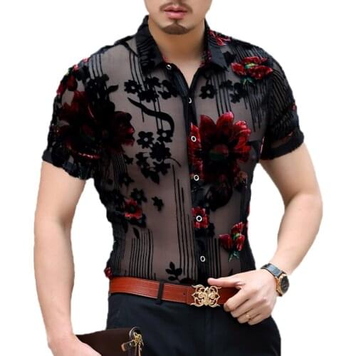 Summer Man Silk Shirts Hollow Floral See Through Clothes Male Short Sleeve Sexy Transparent Streetwear Dress Free Shipping