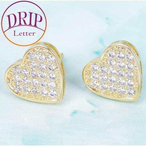 Heart-Shaped 14MM Width Gold Color Stud Earring For Men Women Full Cubic Zircon Hip Hop Screw Back Fashion Jewelry Gift