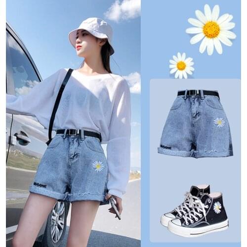2020 Summer High Waist Denim Shorts Women Casual Loose Ladies Fashion Roll Up Hem Elastic Waist Pocket Blue White Jeans Female