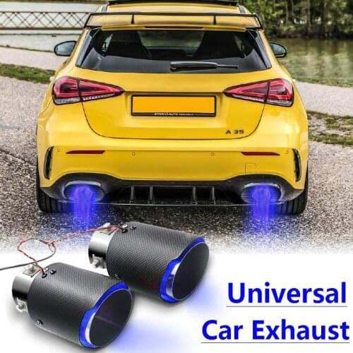 Universal Car Exhaust Muffler 38-63mm Inlet Pure Carbon Fiber Color Pipe Tip With Blue/ RED LED Exhaust Pipe Head Tip Tail Pipe