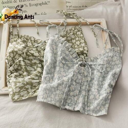 Woman Tank Top Women Vest Strap Floral Print French Chic V-neck Sexy Boho Teenagers Female Short Chiffon TeeDropshipping