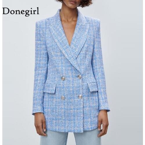 2021 New Za Women Fashion Office Wear Double Breasted Plaid Tweed Blazer Coat Vintage Long Sleeve Female Outerwear Chic Tops