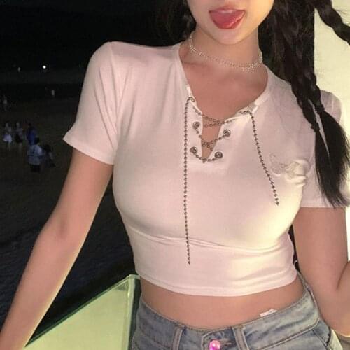 Women Crop Top V Neck Butterfly Print Short Sleeved Black T Shirt Ladies Casual V Neck Solid Tee Short Party Wear