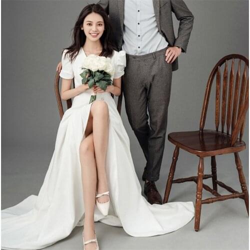 Sweep Train V-Neck Wedding Dress Korean Soft Satin A-Line Short Sleeves Slit Elegant Bridal Gowns vestidos de mairee Wedding