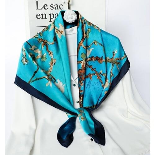 2021 Spain Fashion Van Gogh Oil Painting Floral Square Silk Scarf Lady Print Soft Shawls and Wraps Bufandas Muslim Hijab 90*90Cm
