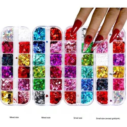 12-grid Red Love Heart Nail Glitter Flakes Sparkly Mixed Laser Pink Gold Nail Art Sequins Paillette Manicure 3D Decor Decoration