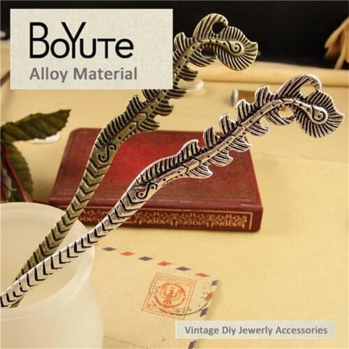 BoYuTe (10 Pieces/Lot) 28*158MM Wholesale Antique Bronze Silver Plated Peacock Feathers Hair Stick for Jewelry Materials