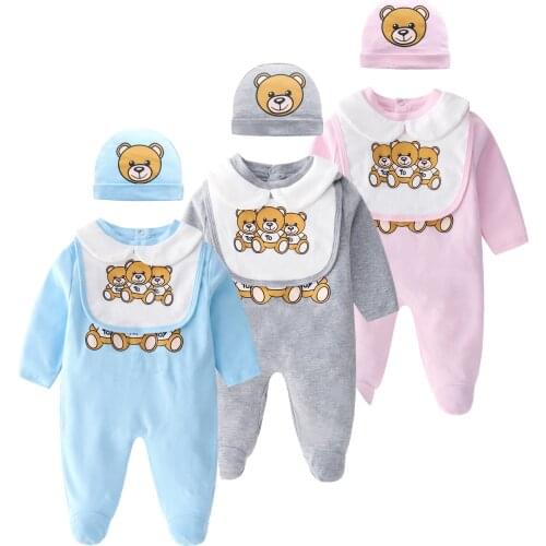 New Fashion Brand newborn baby clothes Long sleeve Cotton Unisex cartoon Little bear new born baby boy girl romper and hat Bibs